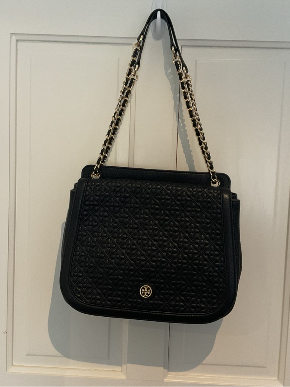 Tory Burch Black Quilted Leather Shoulder Bag with Gold Chain